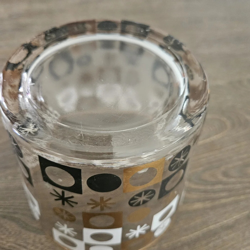 Vintage Atomic Glass Ice Bucket with Gold, Black and White Design